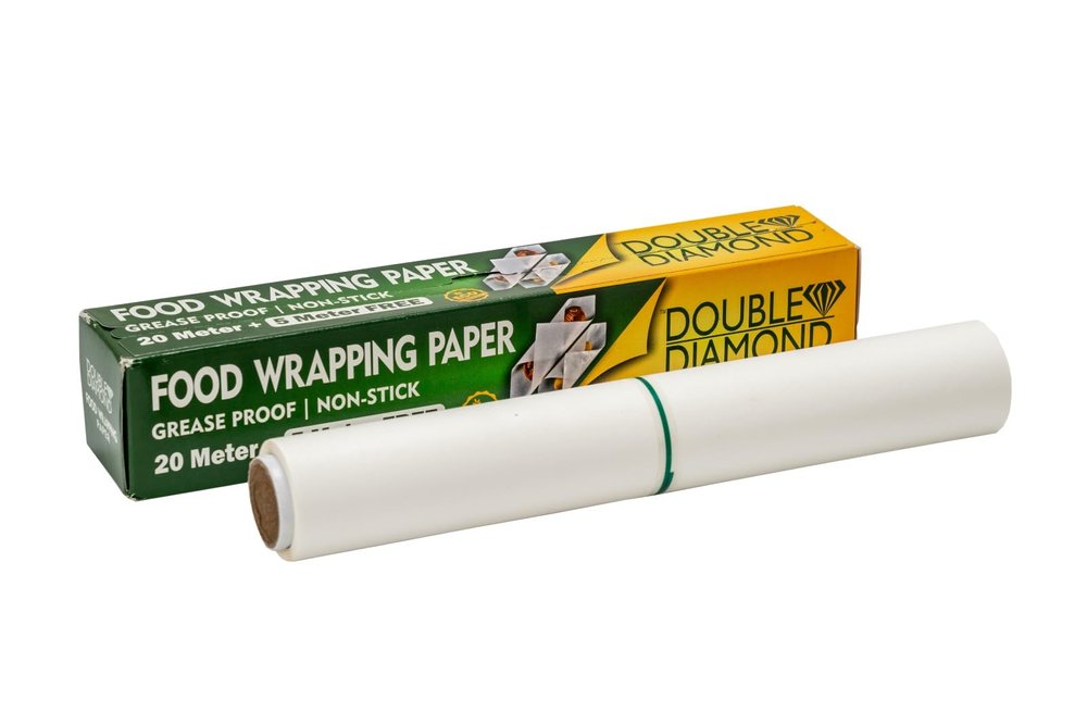DOUBLE DIAMOND Food Wrapping Paper - 25m Roll - Grease Proof & Non-Stick - Ideal for Sandwiches, Burgers & Oily Foods - Microwave Safe - Food Grade Material