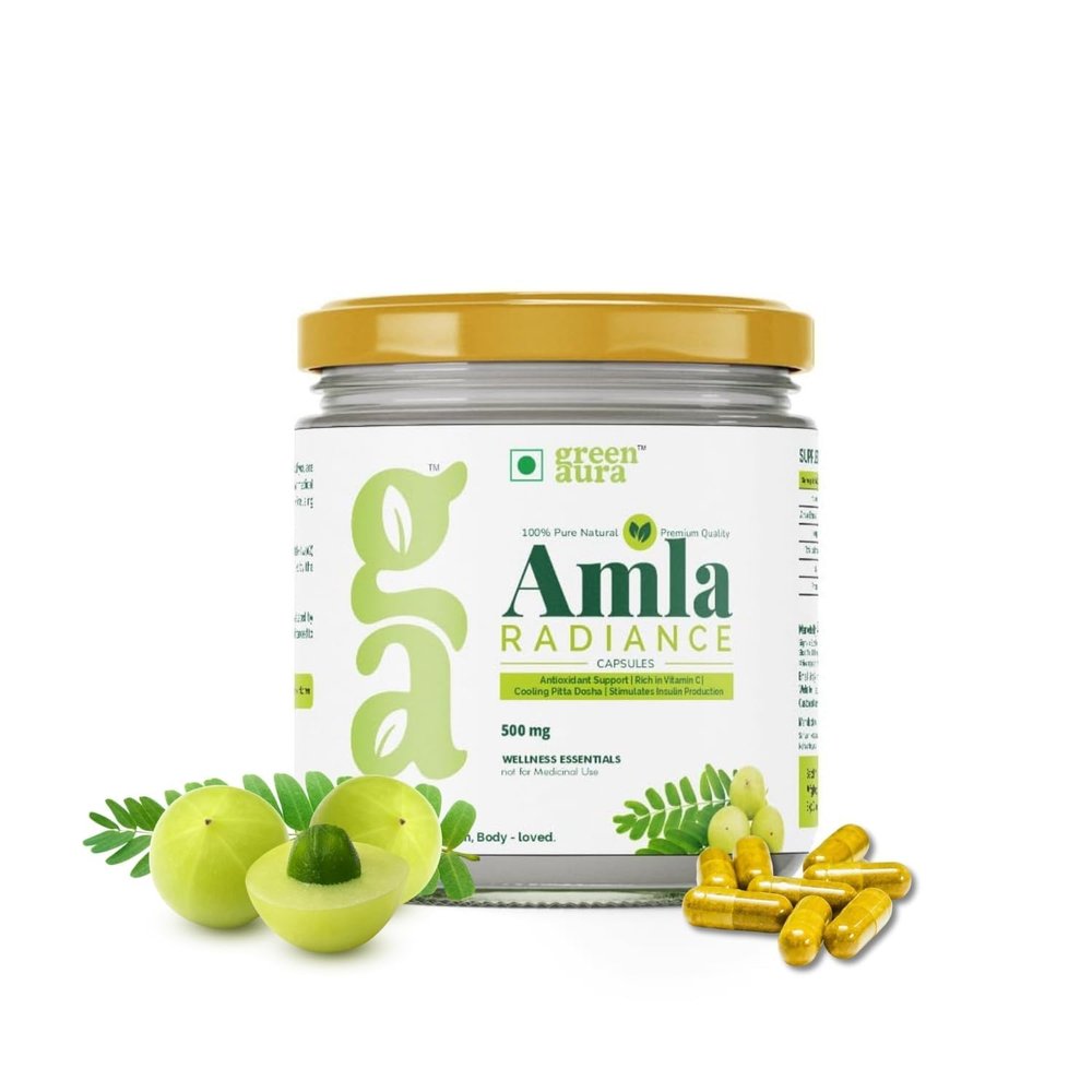 Green Aura Amla Radiance Capsules (120 Capsule) | Natural Vitamin C & Antioxidant Supplement For Glowing Skin | Ayurvedic Herbal Formula Collagen & Immunity (500mg)