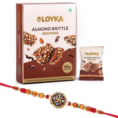 Loyka Almond Brittle Brownie with Round Swastik Rakhi | Raksha Bandhan Gift Hamper for Brother | 12