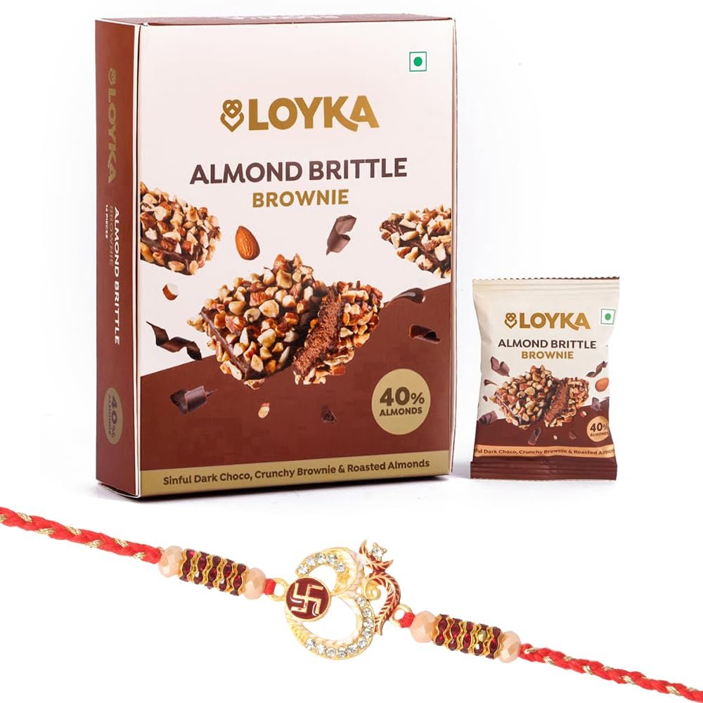 Loyka Almond Brittle Brownie with Beautiful Swastik Om Rakhi | Raksha Bandhan Gift Hamper for Brother | 18