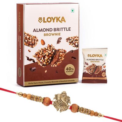 Loyka Almond Brittle Brownie with Premium Ganesh Ji Rakhi | Raksha Bandhan Gift Hamper for Brother | 10