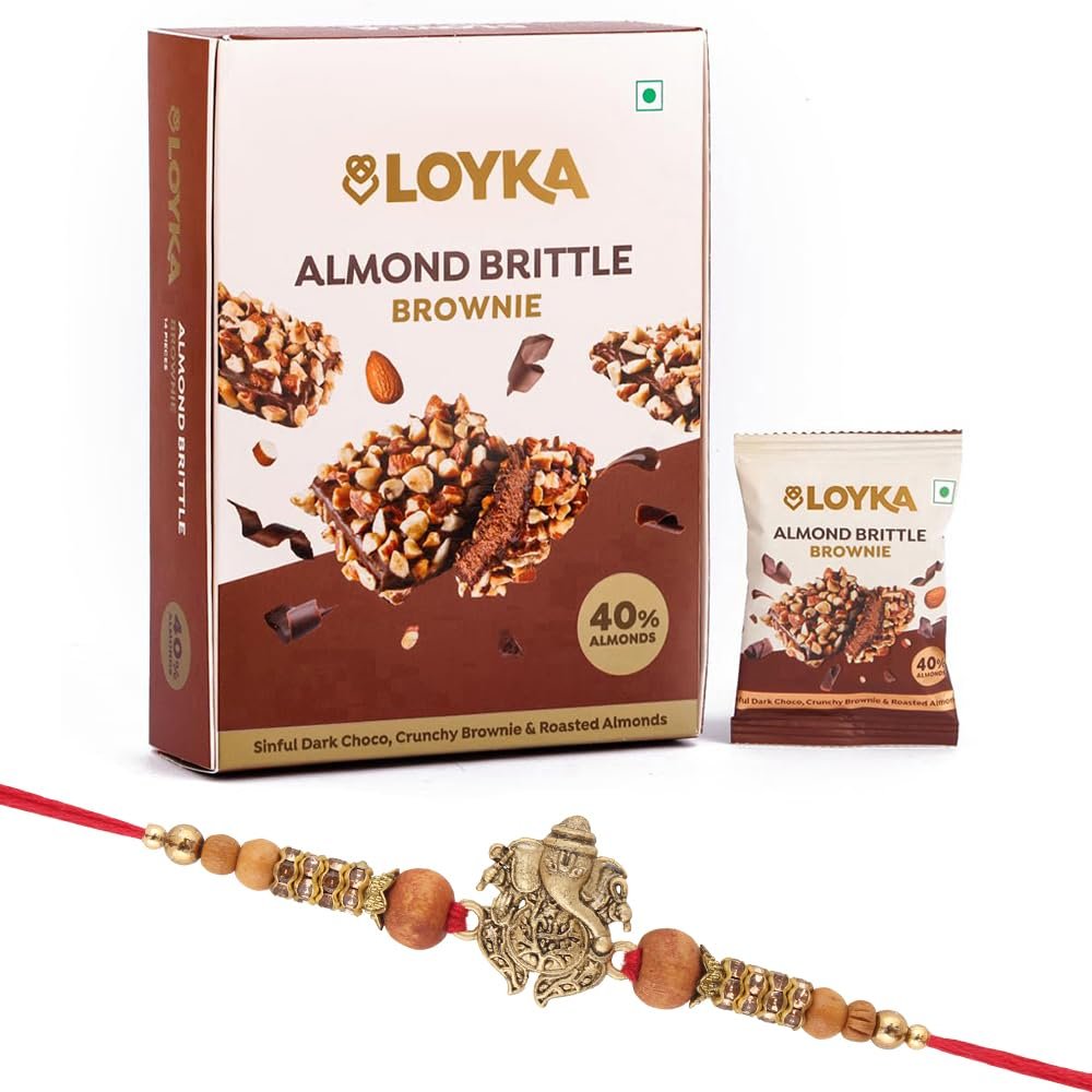Loyka Almond Brittle Brownie with Premium Ganesh Ji Rakhi | Raksha Bandhan Gift Hamper for Brother | 10