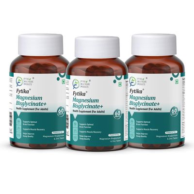 FYTIKA Magnesium Bisglycinate + | High Absorption Chelated Form| For Better Sleep, Stress Management, Muscle Recovery & Enhanced Workout | With Magnesium glycinate(as Bisglycinate) & Zinc (PACK OF 3  180 TABS)