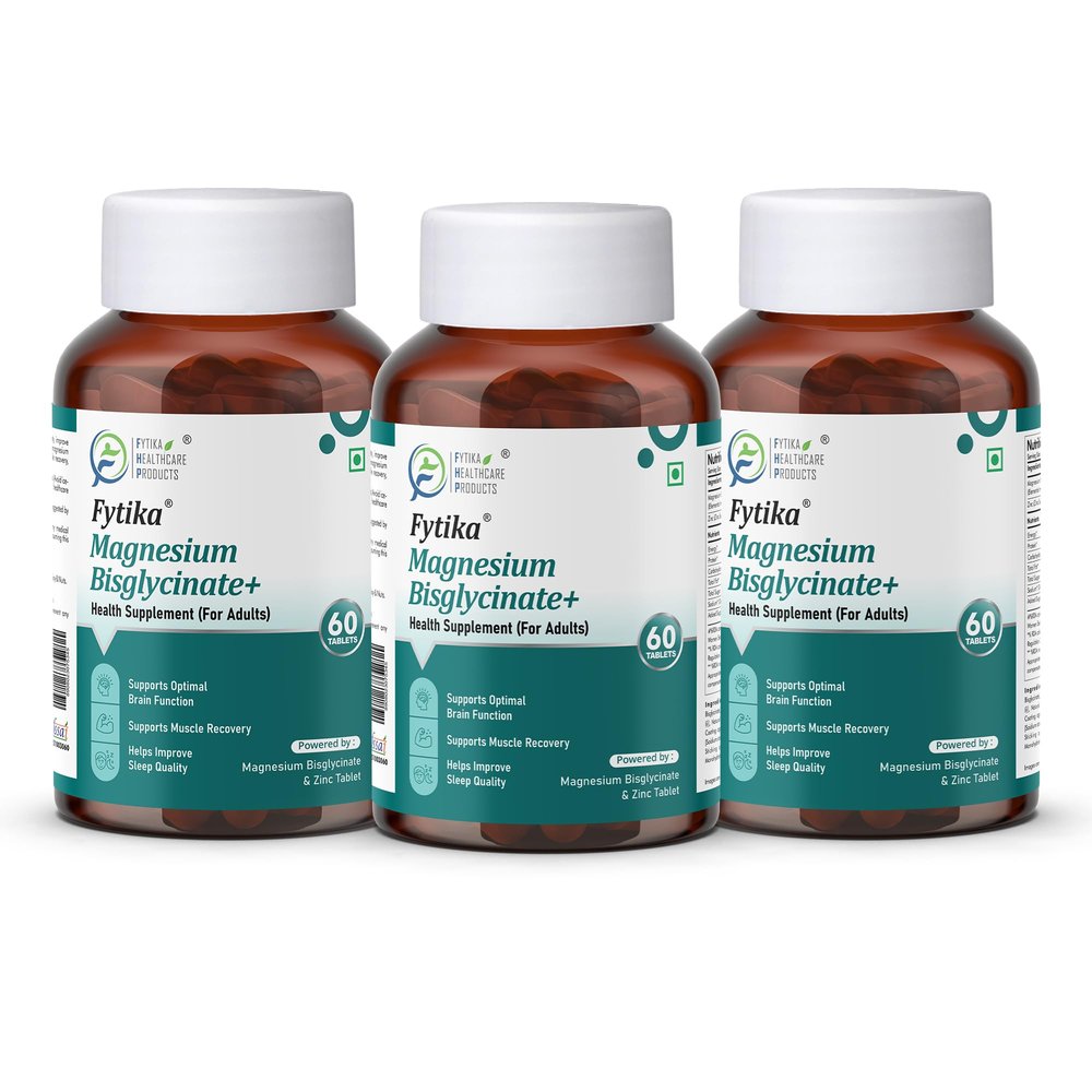 FYTIKA Magnesium Bisglycinate + | High Absorption Chelated Form| For Better Sleep, Stress Management, Muscle Recovery & Enhanced Workout | With Magnesium glycinate(as Bisglycinate) & Zinc (PACK OF 3  180 TABS)