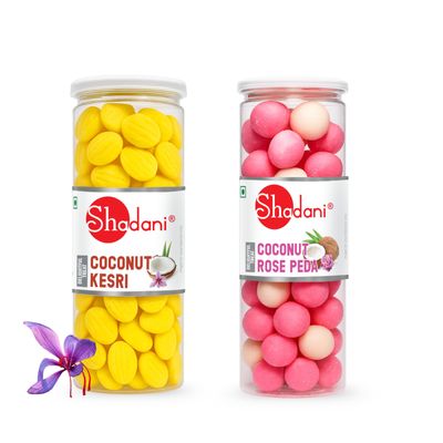 Shadani Combo Coconut Rose Peda & Coconut Kesri Peda | Premium Indian Sweets | Rose & Saffron Delights | Festive Gifting & Dessert Treat | 2 x 200g Jars