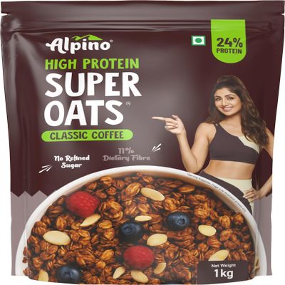 ALPINO 24% High Protein Super Oats Classic Coffee 1kg  Rolled Oats, Natural Peanut Butter, Coffee Extract, Jaggery Powder  24g Protein, Source of Dietary Fibre & Healthy Fats, No Refined Sugar & Salt