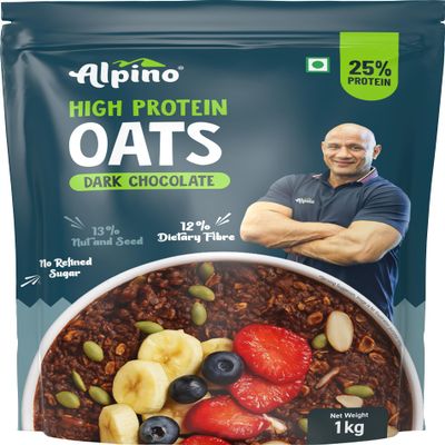 ALPINO 25% High Protein Oats Dark Chocolate 1kg Rolled Oats, Protein Blend, Jaggery Powder, Cocoa Powder, Nuts & Seeds 25g Protein, Source of Dietary Fibre & Healthy Fats, No Refined Sugar & Salt