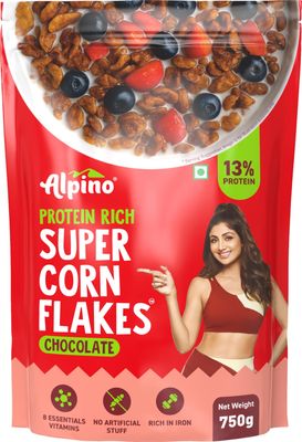 ALPINO Protein-Rich Super Corn Flakes Chocolate 750g - 13% Protein, Natural Peanut Butter, Brown Sugar - Source of Healthy Fats & Dietary Fibre, Added Vitamins & Minerals