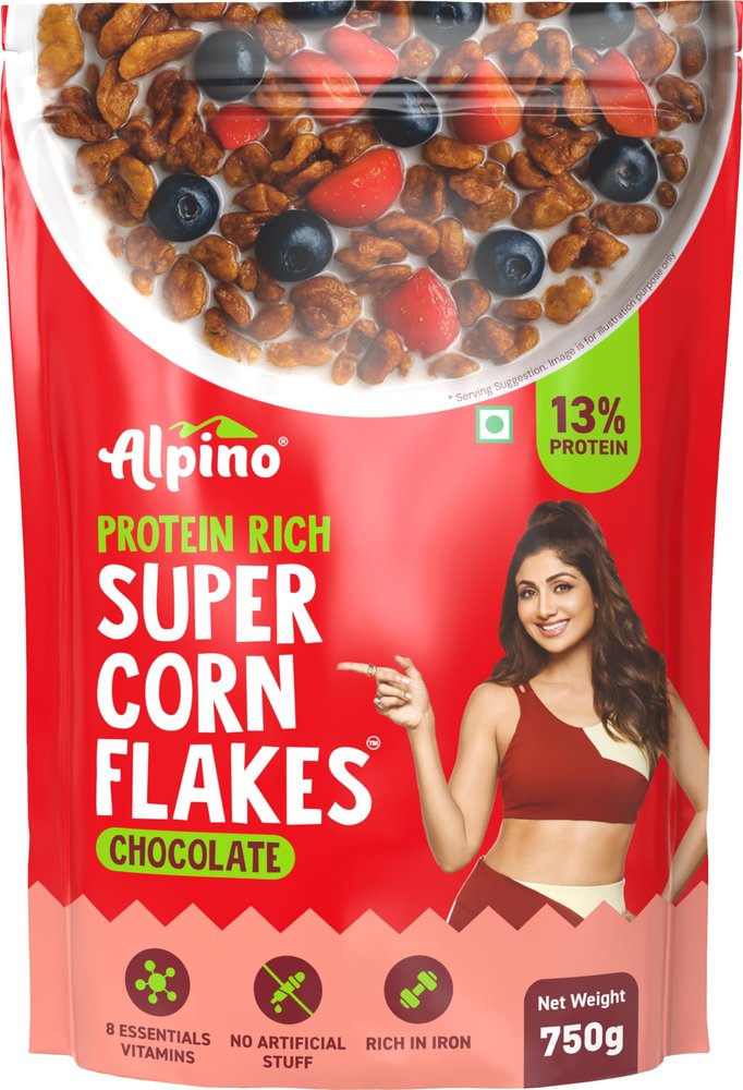 ALPINO Protein-Rich Super Corn Flakes Chocolate 750g - 13% Protein, Natural Peanut Butter, Brown Sugar - Source of Healthy Fats & Dietary Fibre, Added Vitamins & Minerals