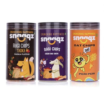 Snaaqz Supergrain Chips Combo (Peri Peri Oat, Ragi Cream & Onion & Ragi Masala) | Pack of 3 (150g each) | Crispy & Healthy Chips, High Protein, Gluten Free, Vegan, Low Calorie, No Palm Oil
