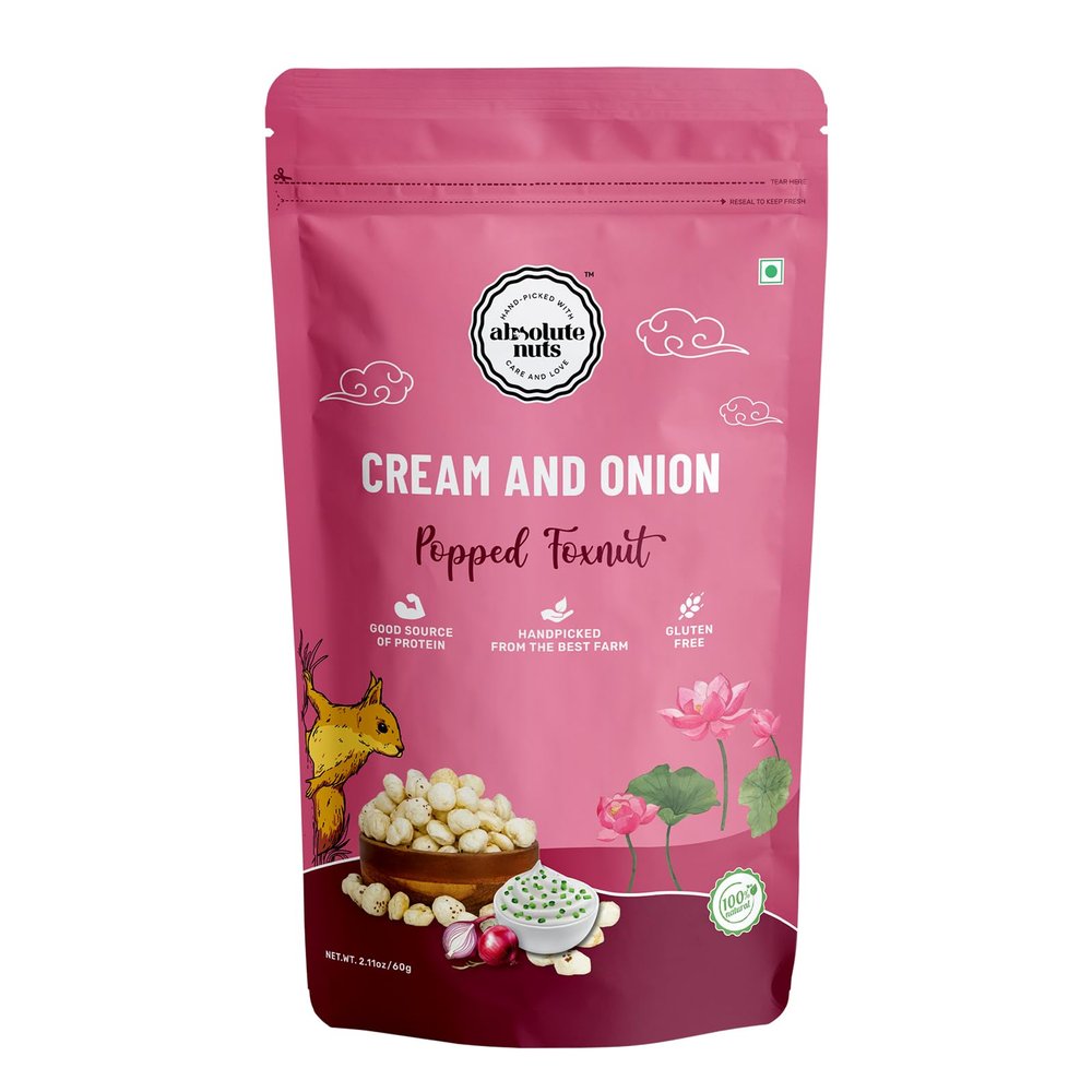 Absolute Nuts - Roasted & Flavoured Makhana | Cream & Onion Makhana | 60g | Foxnuts | Gluten-Free | Healthy Snack| Puffed Snack | Roasted in Olive Oil | Cholesterol Free | Rich in Protein & Fiber