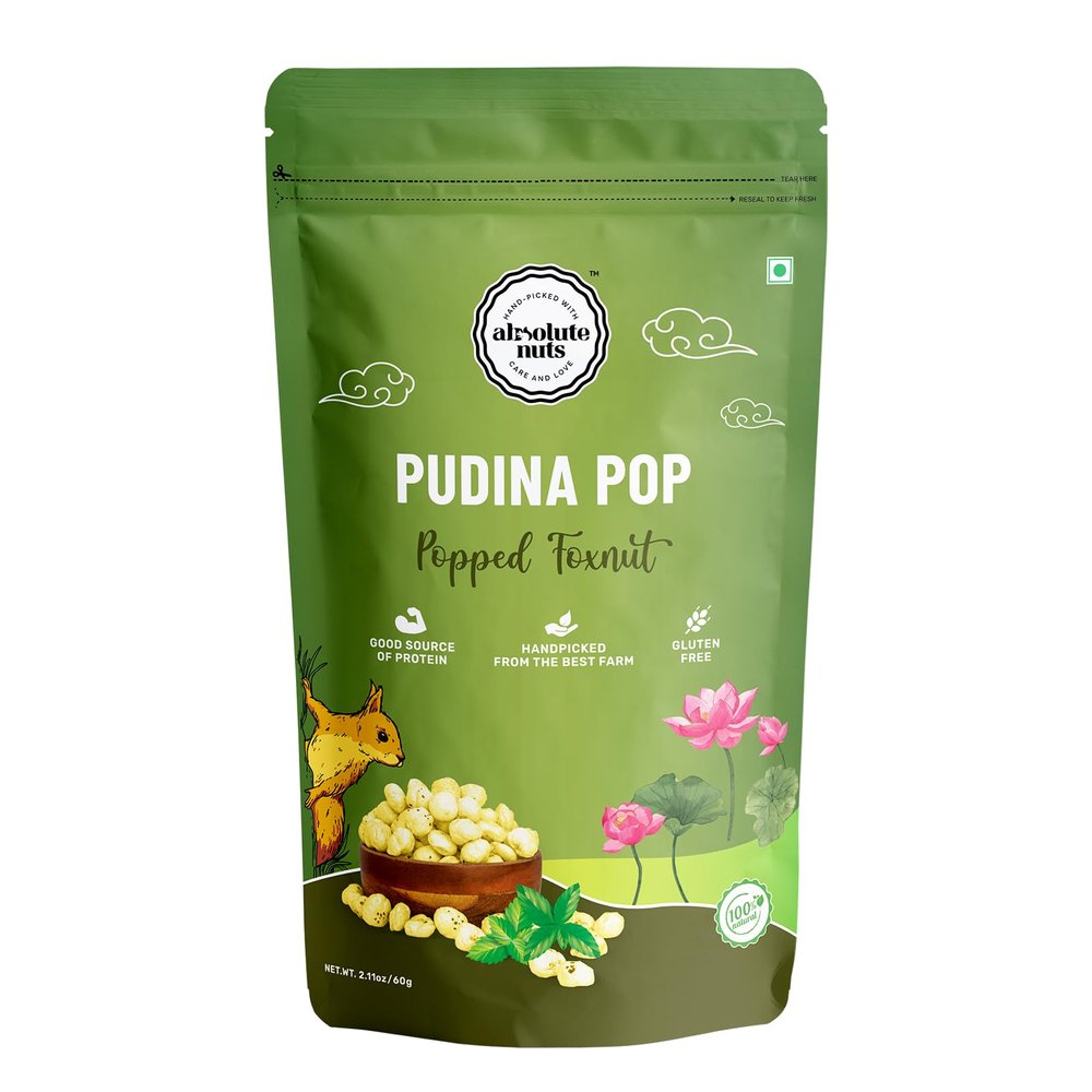 Absolute Nuts - Roasted & Flavoured Makhana | Pudina POP Makhana | 60g | Foxnuts | Gluten-Free | Healthy Snack| Puffed Snack | Roasted in Olive Oil | Cholesterol Free | Rich in Protein & Fiber
