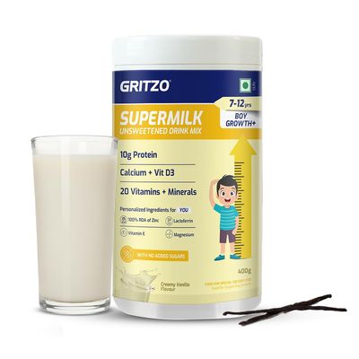 Gritzo Supermilk Growth+ (Formerly Height+) Unsweetened Drink Mix (7-12y Boys), 10g Protein Powder (Creamy Vanilla, 400g)
