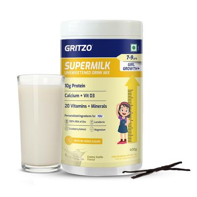 Gritzo Supermilk Growth+ (Formerly Height+) Unsweetened Drink Mix (7-9y Girls), 10g Protein Powder (Creamy Vanilla, 400g)