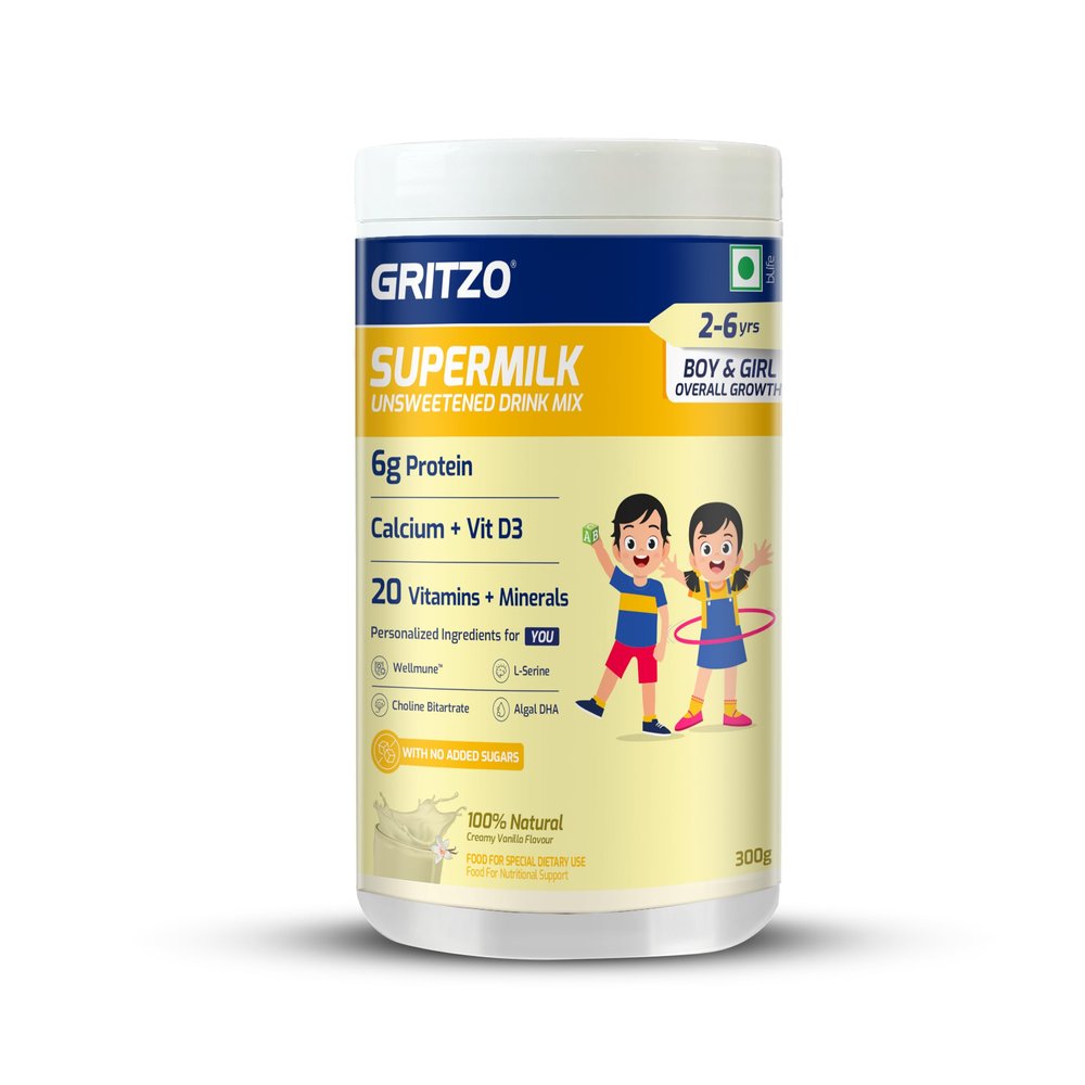 Gritzo SuperMilk Overall Growth (2-6y Boy & Girl) Unsweetened Drink Mix, 6g Protein Powder (Creamy Vanilla, 300g) | Zero Refined Sugar, 20 Vitamins & Minerals