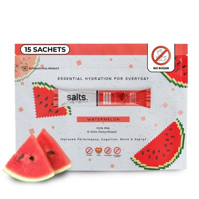 Salts Watermelon Electrolyte Drink Mix | Rapid Rehydration | 15 Sachet Pack = 7.5 Litres | Keto & Vegan Friendly | No Preservatives | Sodium, Potassium, Magnesium | Zero Sugar Hydration Powder |