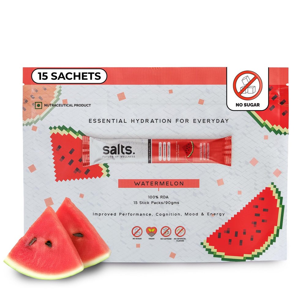 Salts Watermelon Electrolyte Drink Mix | Rapid Rehydration | 15 Sachet Pack = 7.5 Litres | Keto & Vegan Friendly | No Preservatives | Sodium, Potassium, Magnesium | Zero Sugar Hydration Powder |