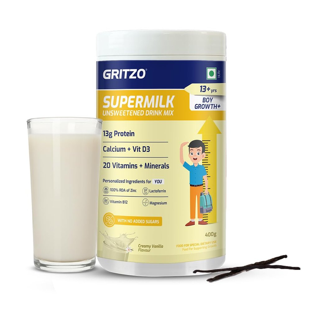 Gritzo SuperMilk Growth+ (Formerly Height+) Unsweetened Drink Mix (13+y Boys), 13g Protein Powder (Creamy Vanilla, 400g)