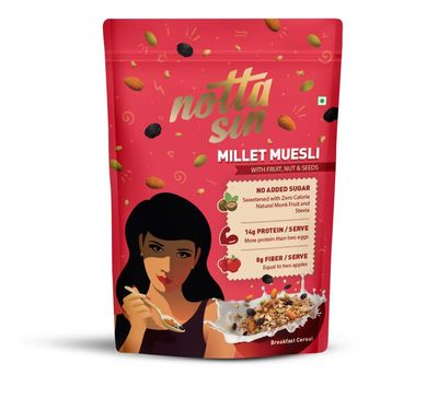 Notta Sin Millet Muesli with Fruit, Nut & Seeds- High Protein Breakfast Cereal | No Added Sugar: Contains Zero Calorie Natural Monk Fruit & Stevia | High Fiber | Made with Jowar, Bajra & Ragi | 300g