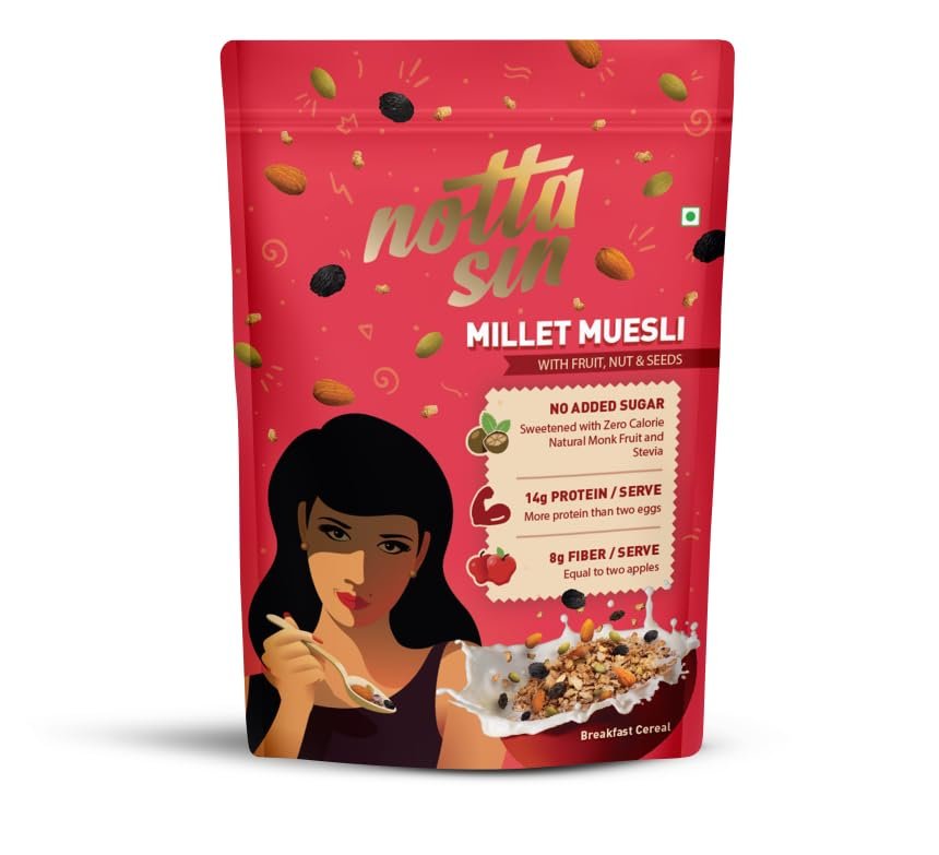 Notta Sin Millet Muesli with Fruit, Nut & Seeds- High Protein Breakfast Cereal | No Added Sugar: Contains Zero Calorie Natural Monk Fruit & Stevia | High Fiber | Made with Jowar, Bajra & Ragi | 300g