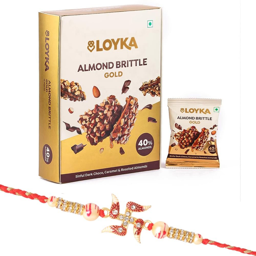 Loyka Almond Brittle Gold with Premium Swastik Rakhi | Raksha Bandhan Gift Hamper for Brother | 19
