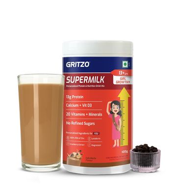 Gritzo SuperMilk Growth+ (Formerly Height+) (13+y Girls), 13g Protein Powder (Cafe Mocha, 400g) | Zero Refined Sugar, 20 Vitamins & Minerals