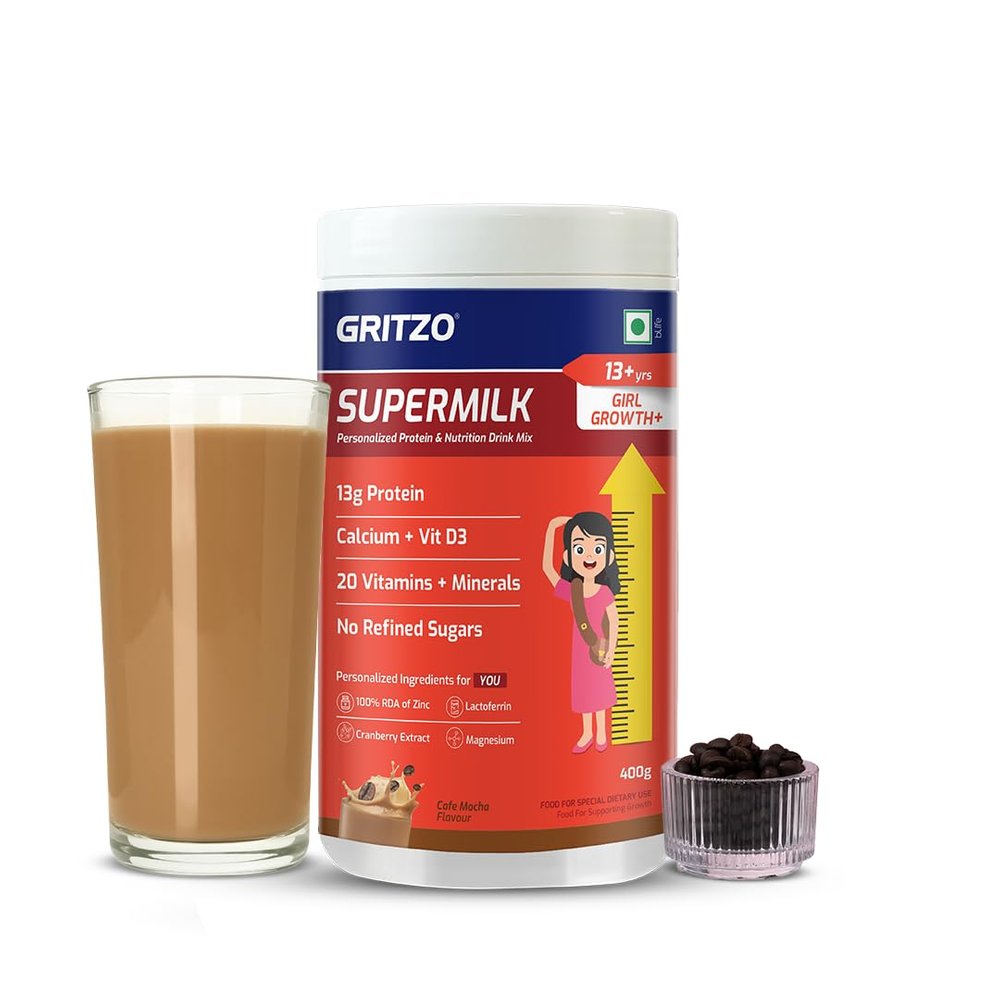 Gritzo SuperMilk Growth+ (Formerly Height+) (13+y Girls), 13g Protein Powder (Cafe Mocha, 400g) | Zero Refined Sugar, 20 Vitamins & Minerals