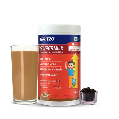 Gritzo SuperMilk Growth+ (Formerly Height+) (13+y Boys), 13g Protein Powder (Cafe Mocha, 400g) | Zero Refined Sugar, 20 Vitamins & Minerals