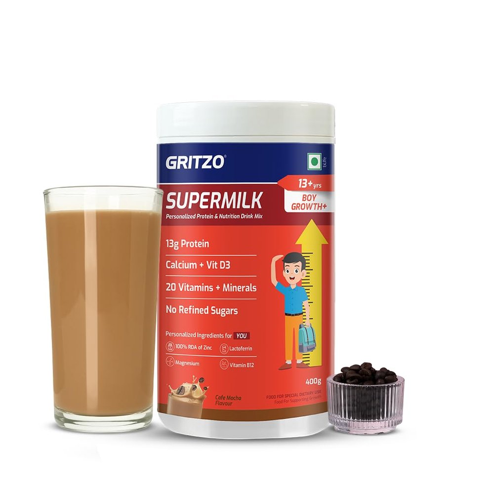 Gritzo SuperMilk Growth+ (Formerly Height+) (13+y Boys), 13g Protein Powder (Cafe Mocha, 400g) | Zero Refined Sugar, 20 Vitamins & Minerals