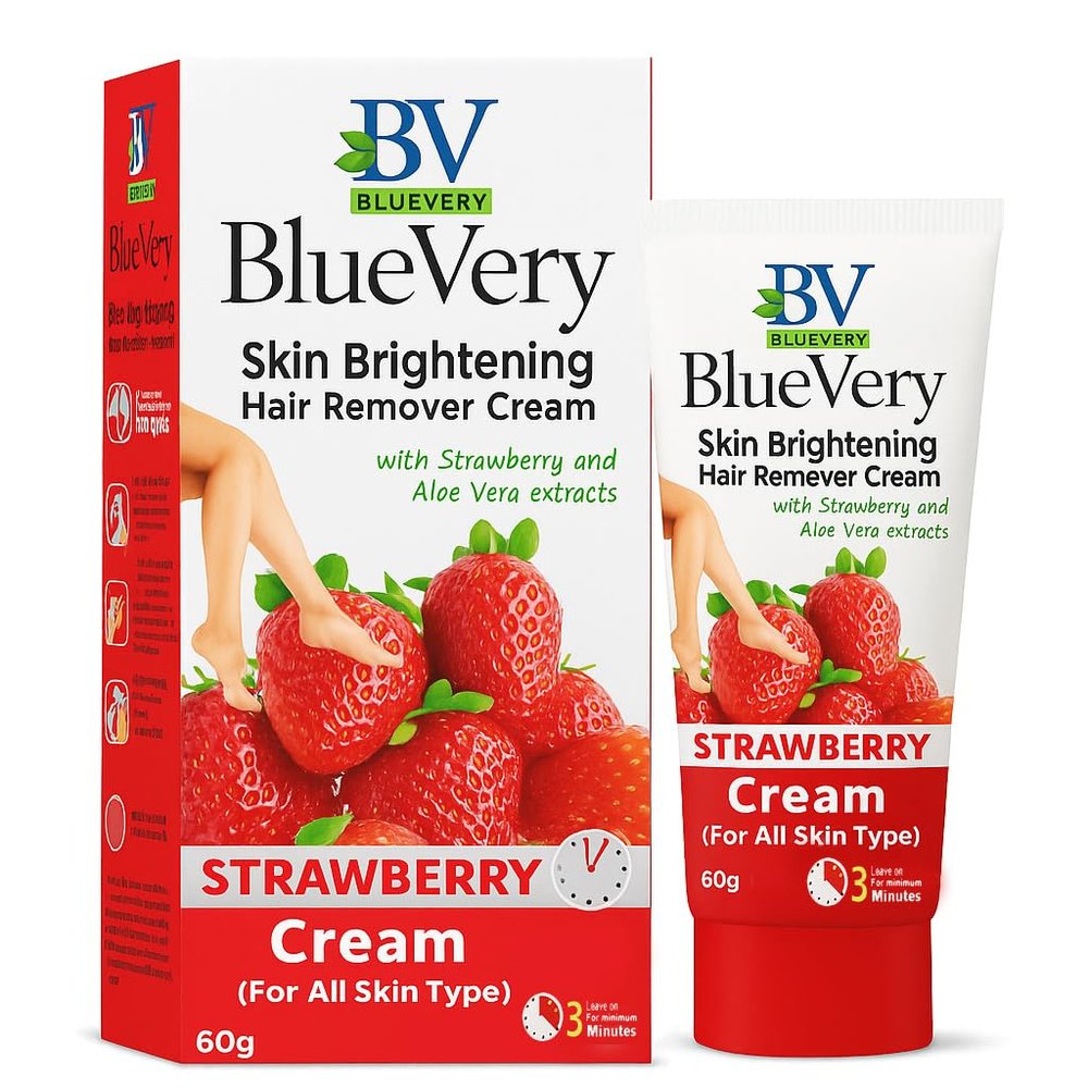 BlueVery Skin Brightening Hair Remover Cream With Strawberry and Aloe Vera Extracts (60g)