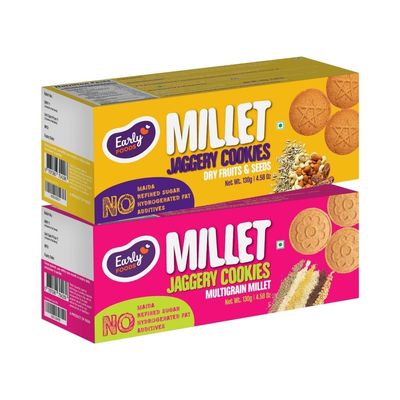 Early Foods Assorted - Dry Fruit & Multigrain Millet Jaggery Cookies, 2 X 130 g | Sugarfree cookies | snacks for kids (Dry Fruit, Multigrain)