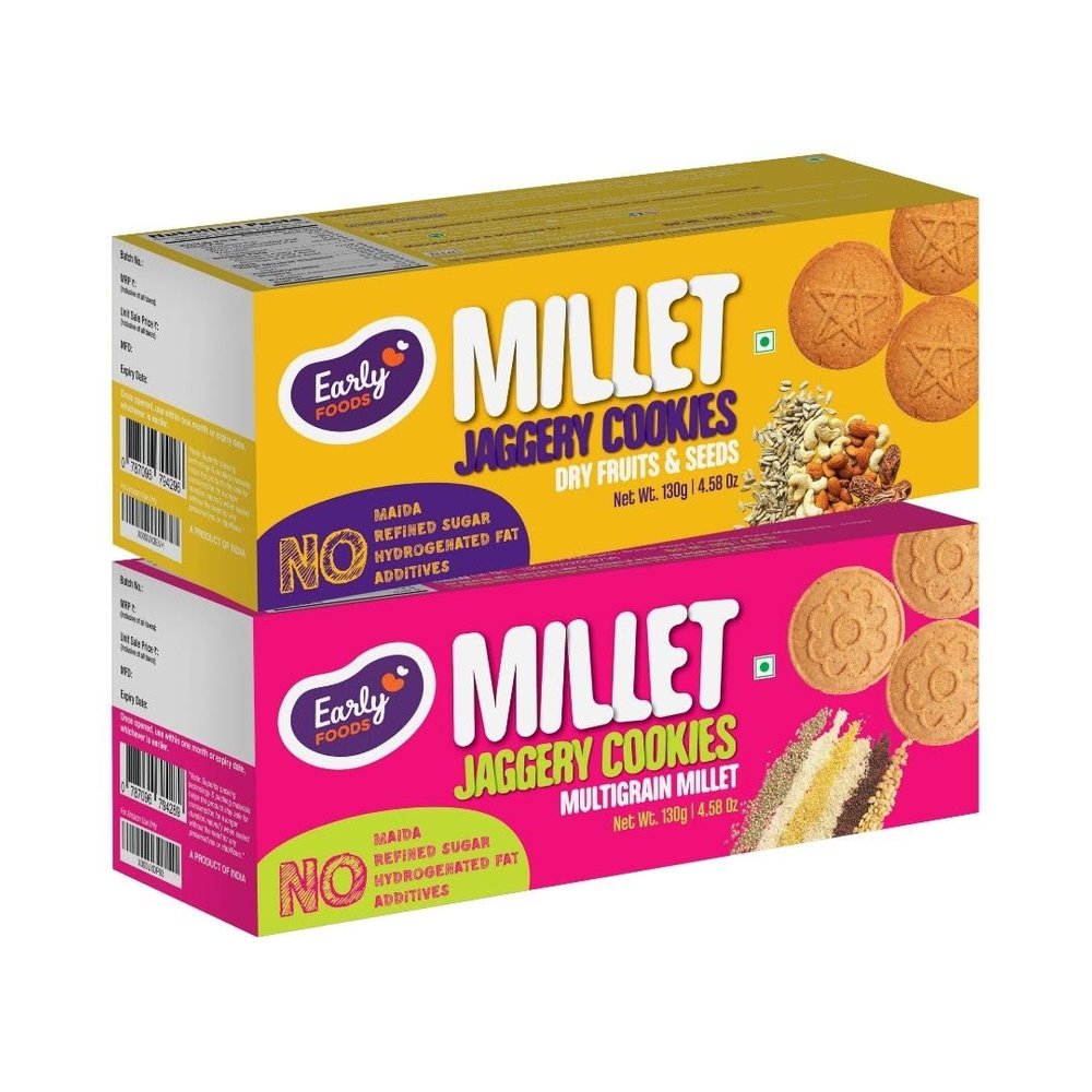 Early Foods Assorted - Dry Fruit & Multigrain Millet Jaggery Cookies, 2 X 130 g | Sugarfree cookies | snacks for kids (Dry Fruit, Multigrain)