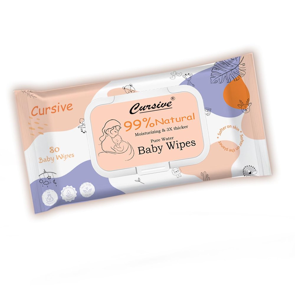 Cursive Soft Cleansing Baby Wipes with Lid | 80 Wipes x Pack of 1| Extra Thick & Moist Wet Wipes for Baby's | Prevents Rashes & Redness with Goodness of Aloe Vera, Vitamin E & Coconet Oil (Pack of 1)