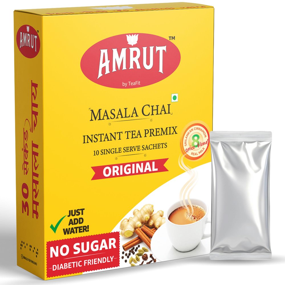 AMRUT No Sugar Instant Tea Premix with Masala, 10 Sachets | Ready to Drink Instant Desi Masala Chai Premix | Just Add Water, 80gm