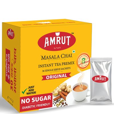 AMRUT No Sugar Instant Tea Premix with Masala, 36 Sachets | Ready to Drink Instant Desi Masala Chai Premix | Just Add Water, 288gm