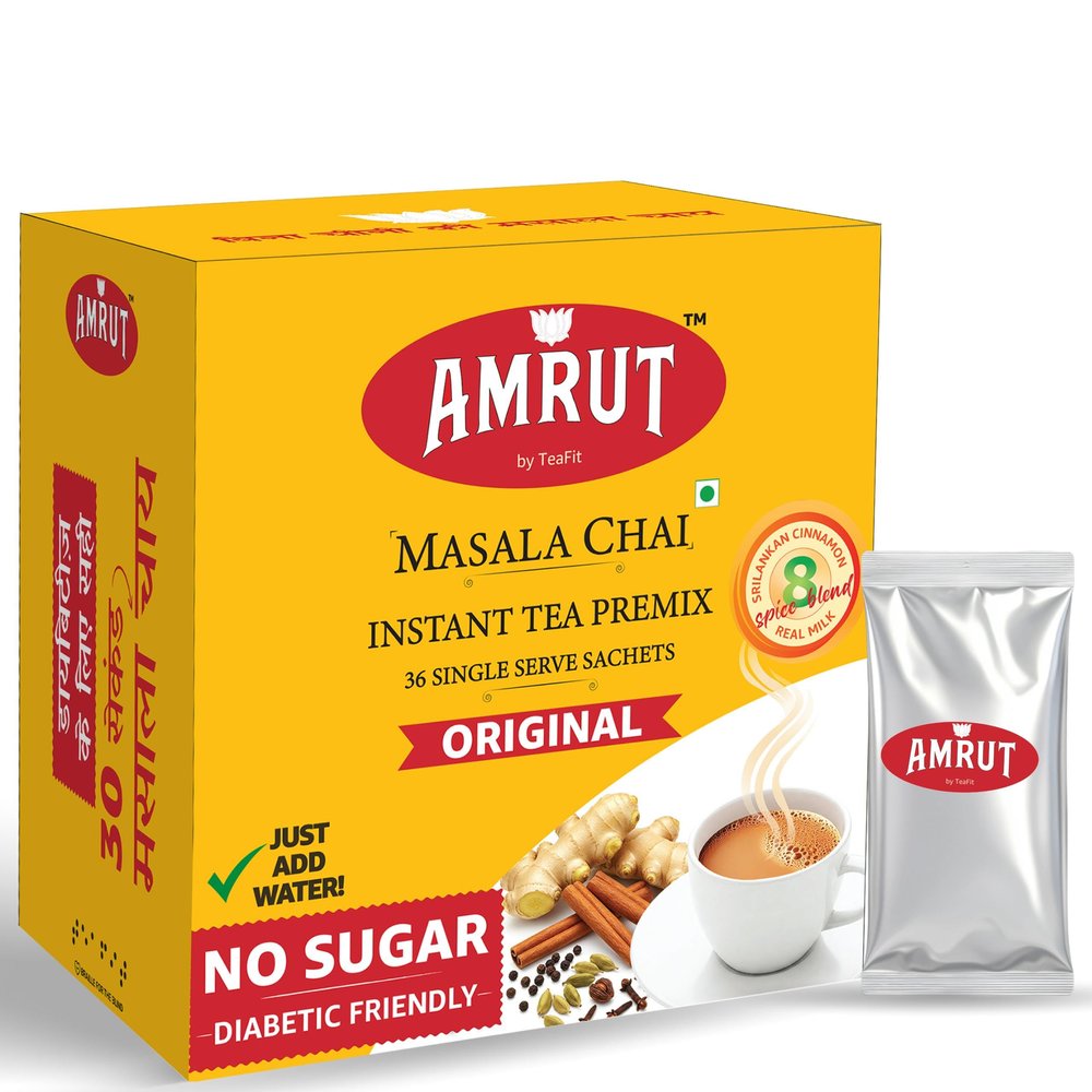 AMRUT No Sugar Instant Tea Premix with Masala, 36 Sachets | Ready to Drink Instant Desi Masala Chai Premix | Just Add Water, 288gm