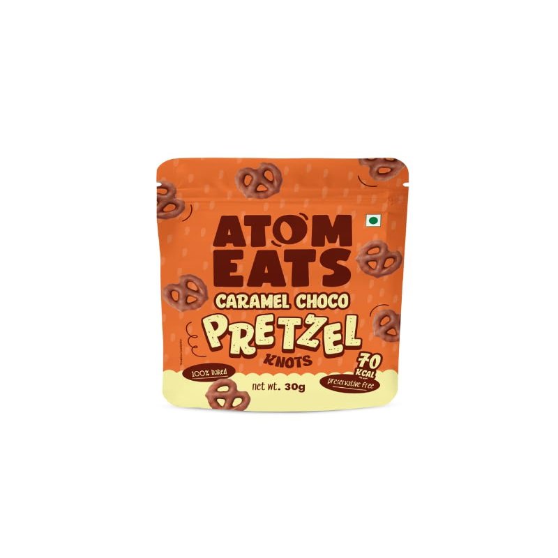 Atom Eats | Caramelised Choco Pretzels 30g | Mini Pretzel Knots Coated in Smooth Milk Chocolate with Rich Caramel Flavour & Sea Salt | 100% Baked | Sweet-Salty Snack for Movie Nights, Coffee Breaks & Gifting | Imported Quality | Preservative-Free