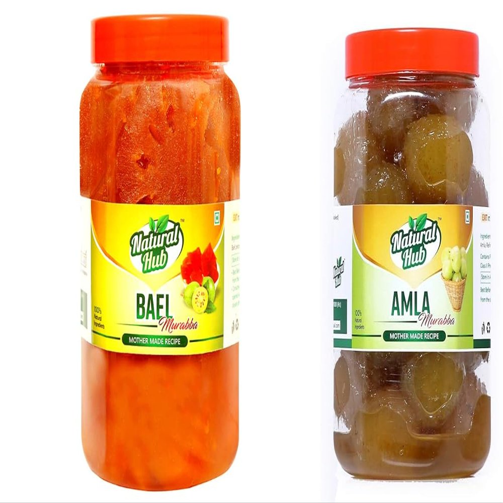 Natural Hub Combo Pack of Amla and Belgiri Murabba | Homemade Taste Murabba Packed in Sealed Food-Grade Jars | No Artificial Colour & Flavour (1 Kg Each)