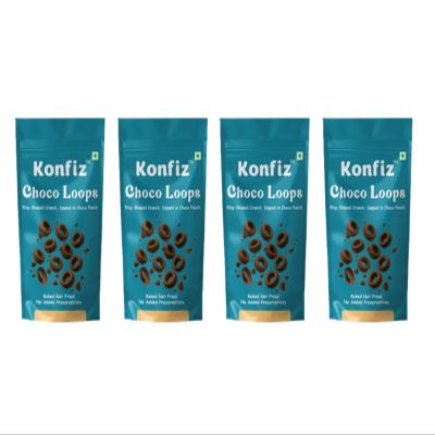 Konfiz Choco Loops Chocolate Flavored Ring Snacks | Ring-Shaped Crunchy Chocolate Wafers | Freshly Baked | 100% Eggless | No Added Preservatives | Ready-to-Eat Snack for Kids & Adults | Perfect for Gifting, Parties & Anytime | 65g (Pack of 4, Straw