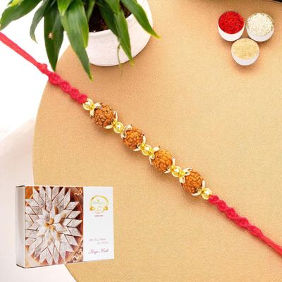 Ghasitaram Gifts Jaiccha Rakhi for Brother Rakhis Online - Y-96 Rudraksh Rakhi with 200 gms of Kaju katli