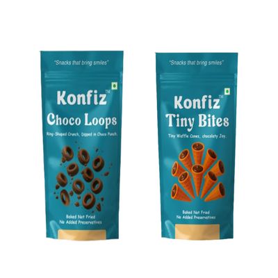 Konfiz Choco Loops and Tiny Bites Combo Pack | Baked Ring-Shaped Chocolate Snacks | Mini Crunchy Chocolate Snacks for Kids & Adults | Bite-Sized Treats for Tiffin, Snacking & Parties | Fun-Sized Sweet Bites with Rich Cocoa Flavor | 65g Pack Each (Min