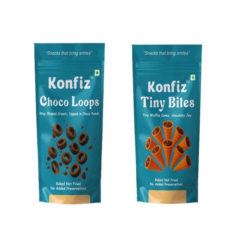 Konfiz Choco Loops and Tiny Bites Combo Pack | Baked Ring-Shaped Chocolate Snacks | Mini Crunchy Chocolate Snacks for Kids & Adults | Bite-Sized Treats for Tiffin, Snacking & Parties | Fun-Sized Sweet Bites with Rich Cocoa Flavor | 65g Pack Each (Min