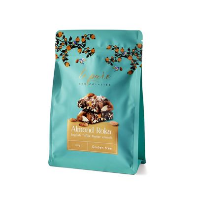 Le Pure Almond Roka Toffee Pouch| Caramel English Toffee| Chocolate Coated Roasted Almond Brittle with Butter Crunch | Gluten-Free | Perfect for Snacking, Gifting, and Festivals| 100g