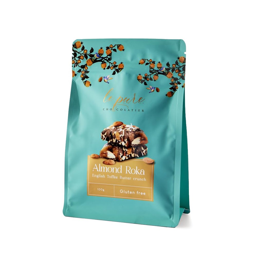 Le Pure Almond Roka Toffee Pouch| Caramel English Toffee| Chocolate Coated Roasted Almond Brittle with Butter Crunch | Gluten-Free | Perfect for Snacking, Gifting, and Festivals| 100g