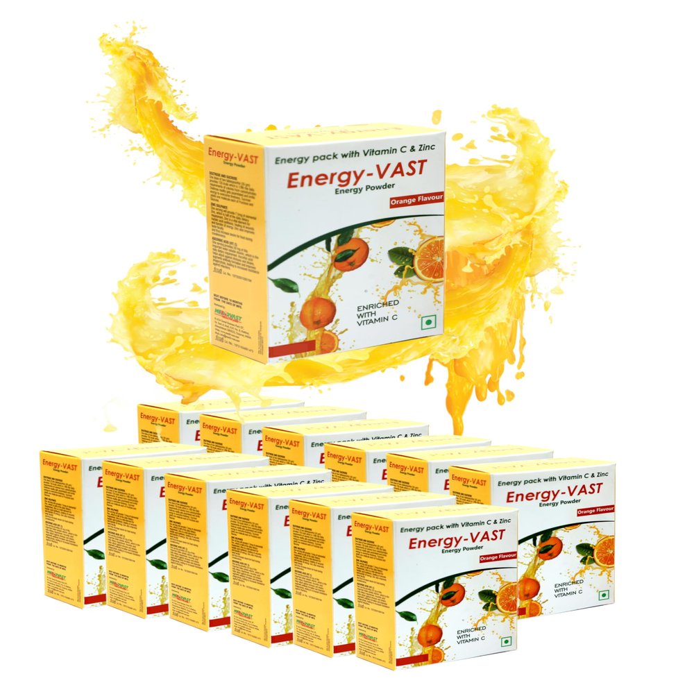 MEDIRVAST Energy-VAST Orange Flavour Energy Powder | Energy Pack with Vitamin C & Zinc | Instant Energy Booster Drink Mix | Enriched with Natural Orange Extracts | Suitable for All Ages (Pack of 12)