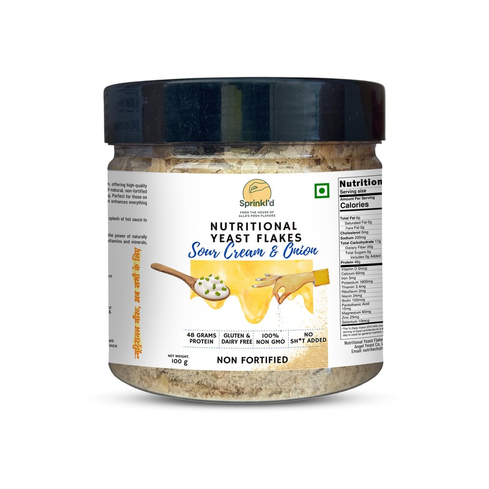 Alla's Posh Flavors Nutritional Yeast Flakes 100gm Sour Cream & Onion Flavor Unfortified Spicy Yeast Flakes Gluten-Free Superfood Rich in High Protein Low Carb Non-GMO Ideal for Popcorn Pasta & Salads