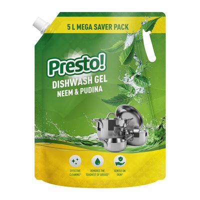 Amazon Brand - Presto! Dishwash Gel | Neem & Pudina | 5 L Refill Value Pack | Dishwash Liquid | Cuts Through Grease | Safe On Hands