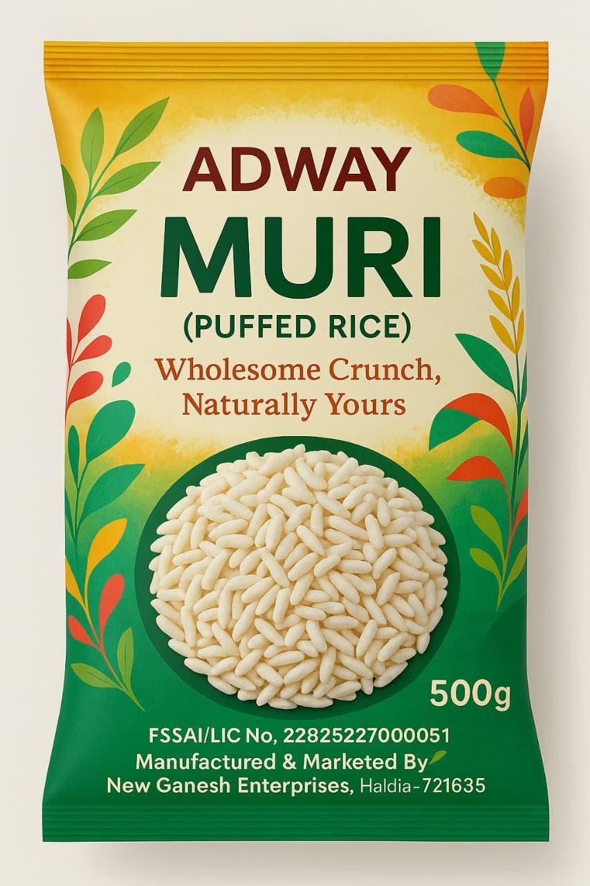 Adway Muri Puffed Rice, Wholesome Crunch Snack, 1KG (PACK OF 500GM OF TWO BAGS), Gluten-Free & Vegan