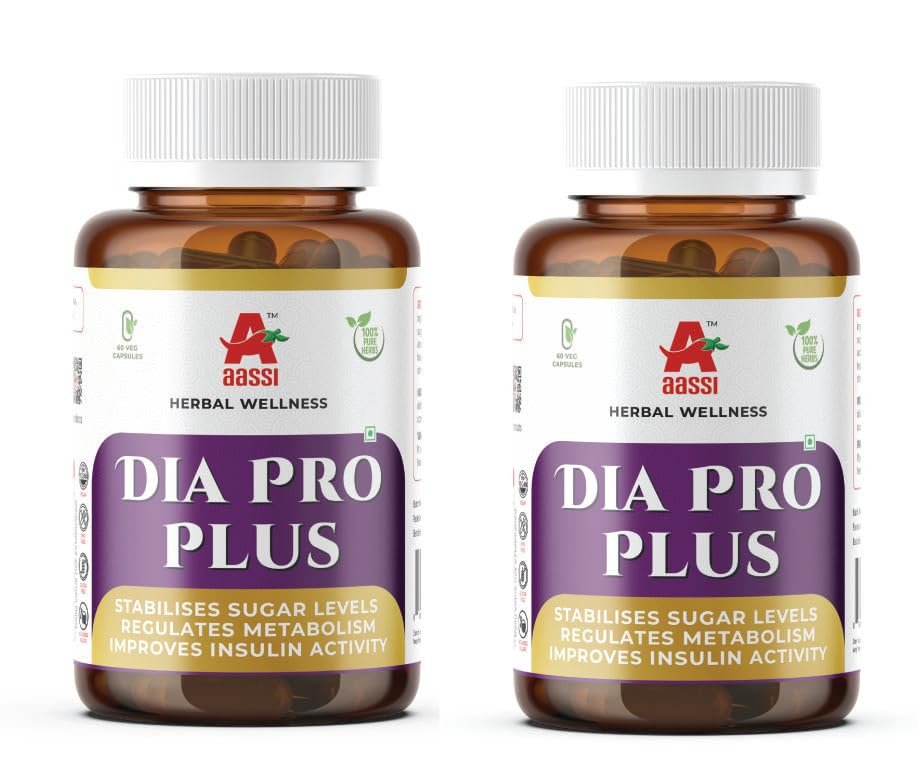 AASSI Dia Pro Plus Herbal Capsules 60 Veg Capsules | Supports Sugar Level Stabilization | Regulates Metabolism | Improves Insulin Activity | 100% Natural Herbal Wellness Formula (Pack of 2)