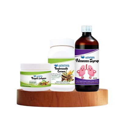 [Aathithya Herbals] Ayurvedic Relief Kit for Cold, Cough & Respiratory Disorders  Thaleesadhi Curnam 75g, Pulmozen 200ml Syrup, Thippili Lehyam 100g | Asthma, Bronchitis & Lung Detox Support